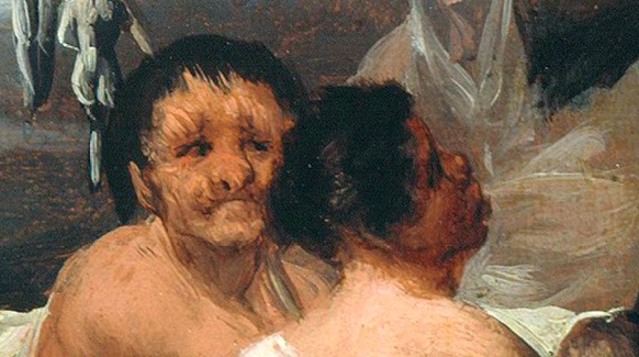 Detalle de dos brujas ancianas, la que sostiene el palo que mencionamos previamente, y la que se encuentra a su derecha. 