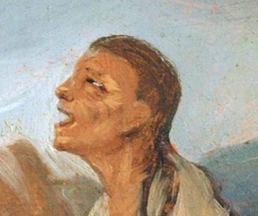 Imagen de una bruja que mira fijamente al Diablo, con la boca abierta.