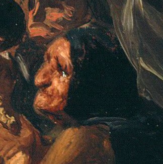 Detalle de otra bruja, con muchas arrugas, los ojos caídos, y con el cabello cubierto con un manto oscuro. 