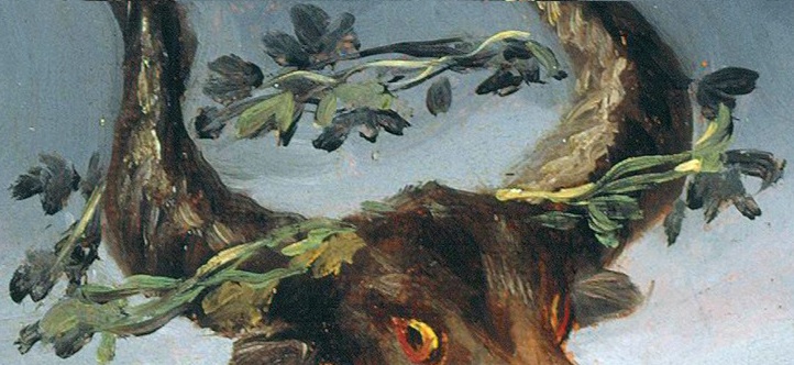 Detalle de la corona del Diablo. Los trazos son delicados pero firmes, hay varios tonos de verde, y hasta amarillo, reflejando la luz de la luna. 