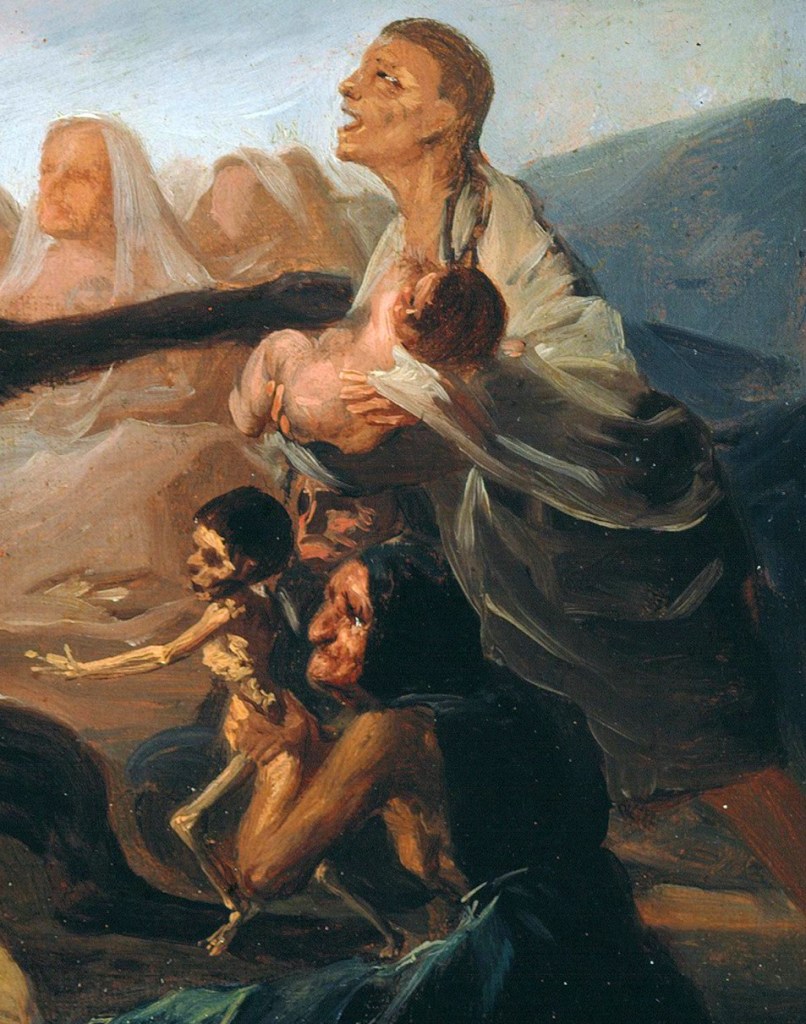 La parte derecha del cuadro. Una mujer, de pie, sostiene a un niño saludable y regordete. Otra mujer, sentada debajo, sostiene a un niño esquelético.