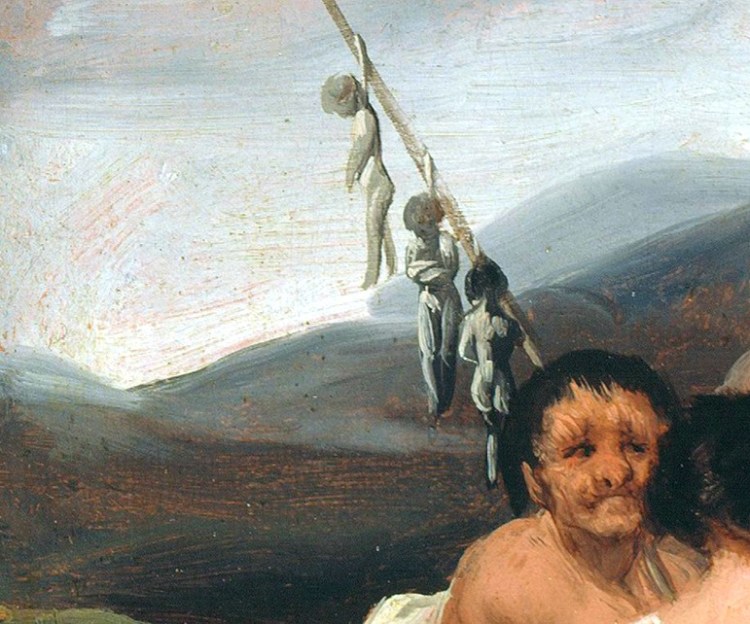 Detalle de la mujer que sostiene un palo. Del palo cuelgan fetos humanos. 