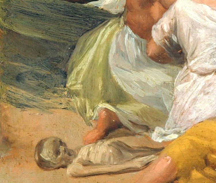 Detalle del cadáver de un niño muerto, a la izquierda inferior de la composición