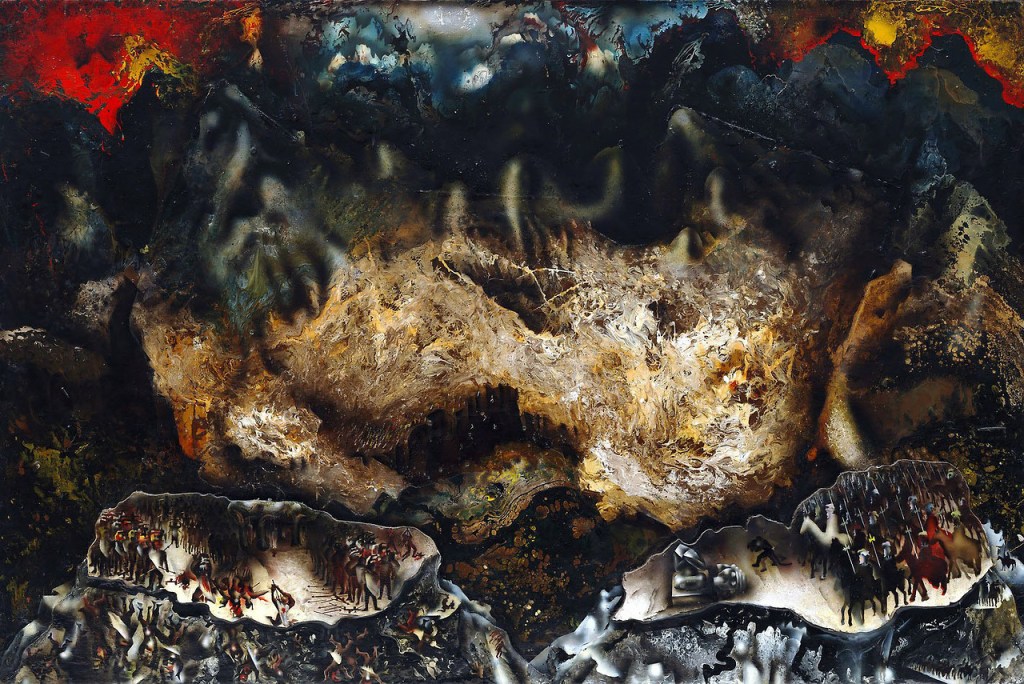 Imagen de Suicidio colectivo ded Siqueiros. Es una imagen ligeramente abstracta. En la parte de abajo, hay dos ejércitos viéndose de frente. Algunas personas montan a caballo, mientras otras yacen muertas en el piso. En la parte superior, manchas de diferentes colores. Los colores más llamativos son el café, azul oscuro, negro, rojo y amarillo. 